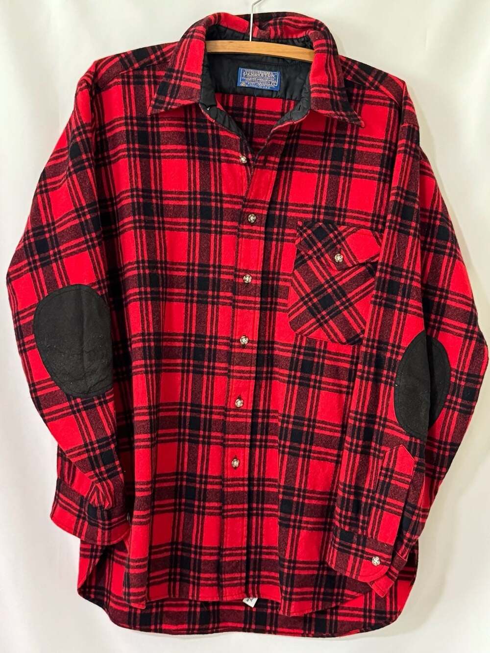 Pendleton Plaid Wool Flannel Shirt Size L Red Black Elbow Patches